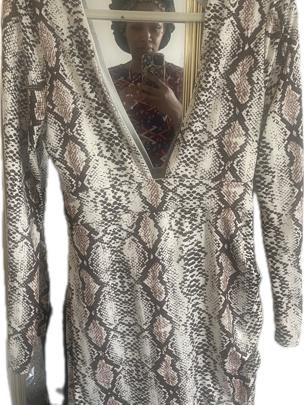 Snake Print V-Neck Long Sleeve Dress - Neutral Tones